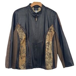 Koos Of Course‎ Leather Jacket Womens Size 1X Plus Brown Tan Full Zip Patchwork